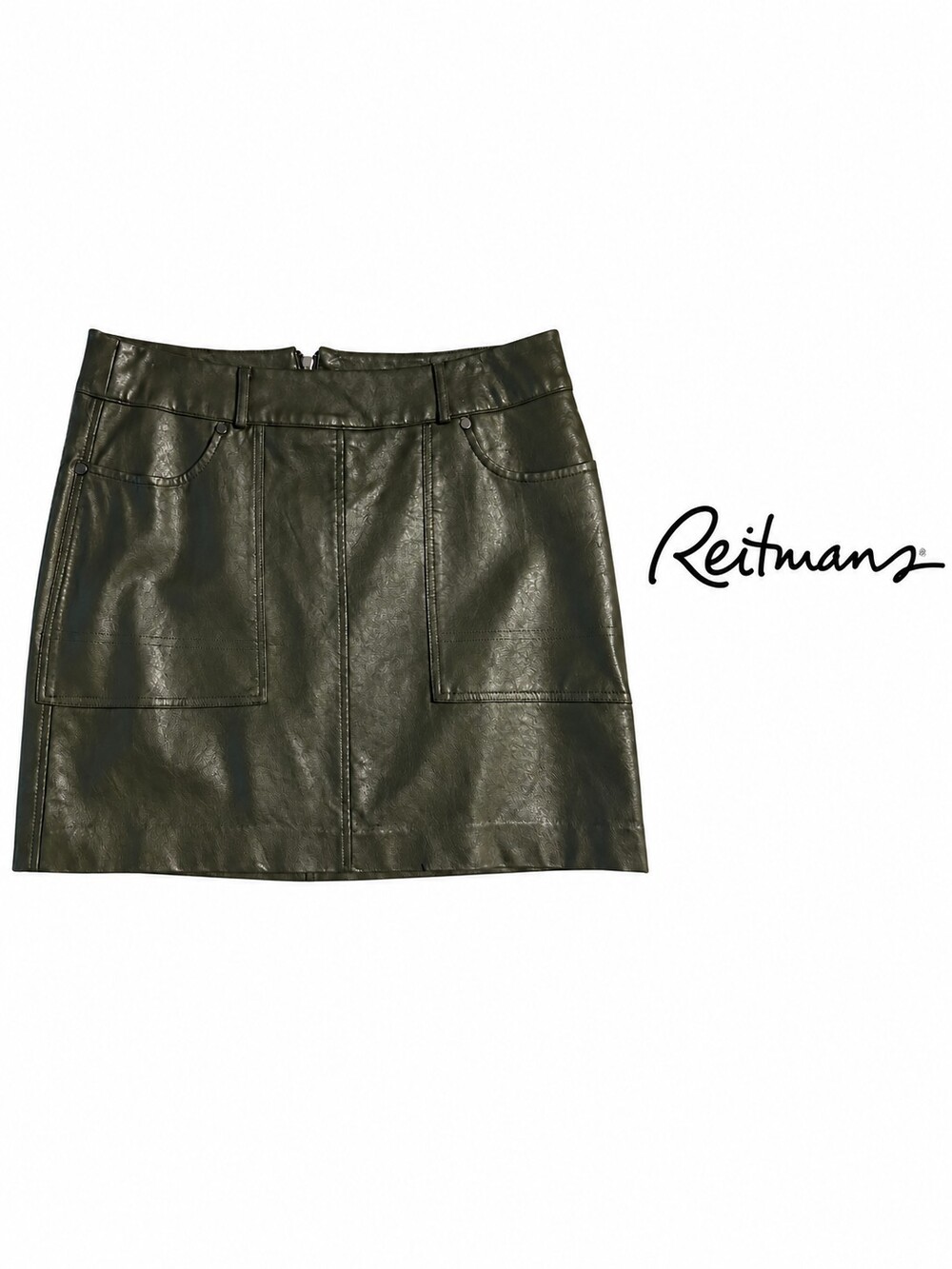 Reitmans Petite Faux Leather Mini Skirt Size 8P Olive Green High Rise Pocket